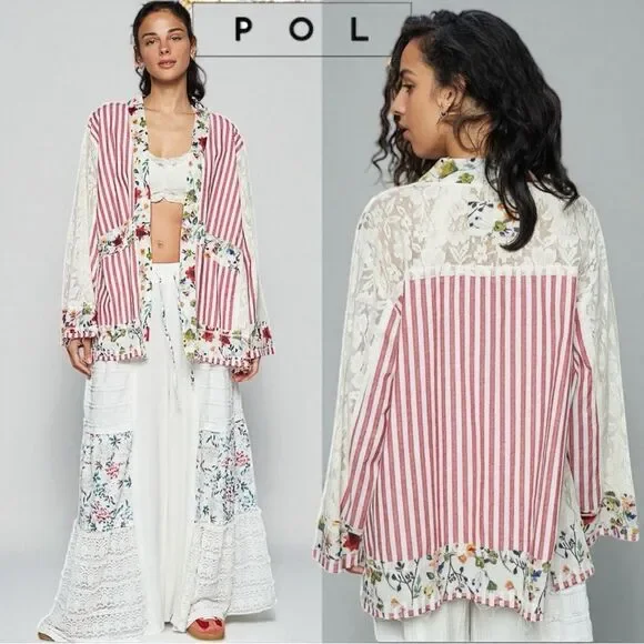 POL Lace Boho Striped Cardigan Layering Kimono Floral Patchwork Detail Med NEW - Picture 2 of 10